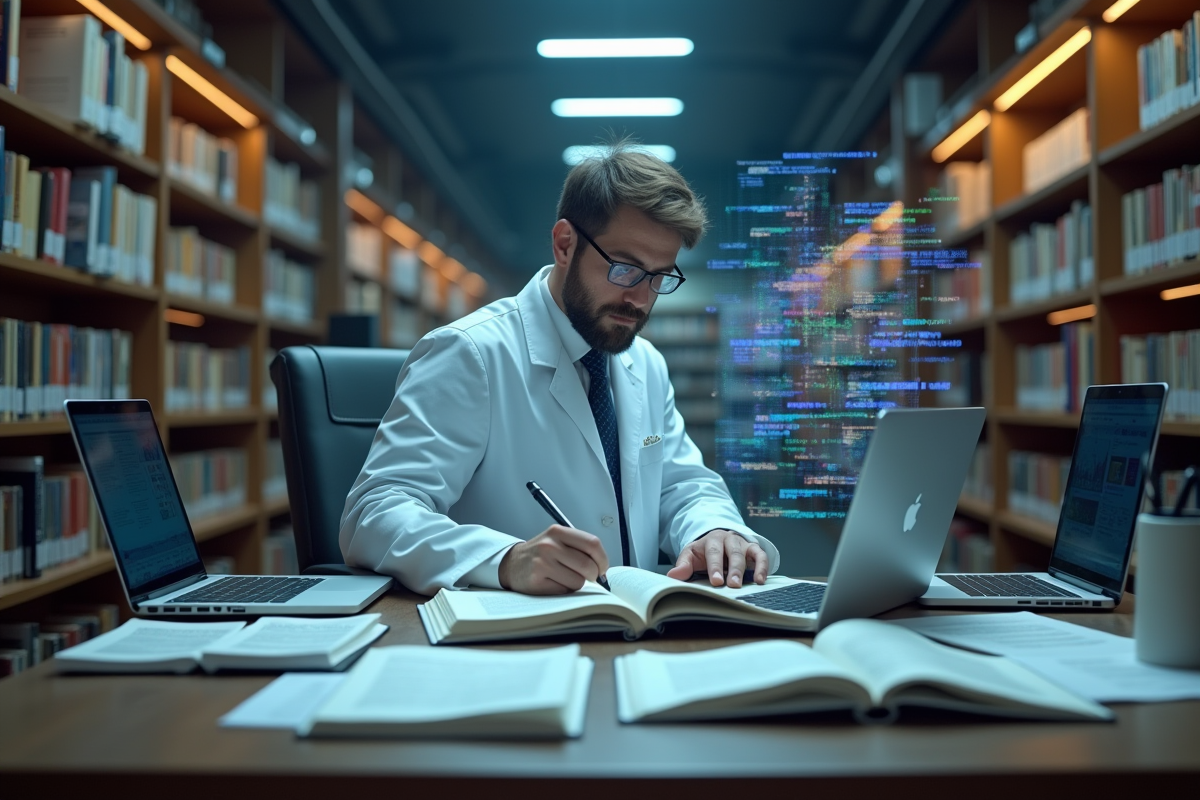 Scientifique dans une bibliothèque avec livres et données numériques
