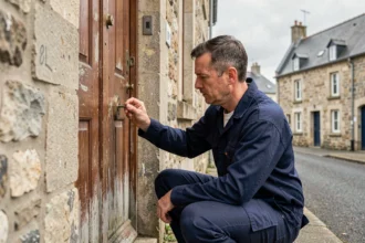 Serrurier professionnel en intervention devant une porte en bois dans une rue bretonne typique des Côtes-d'Armor