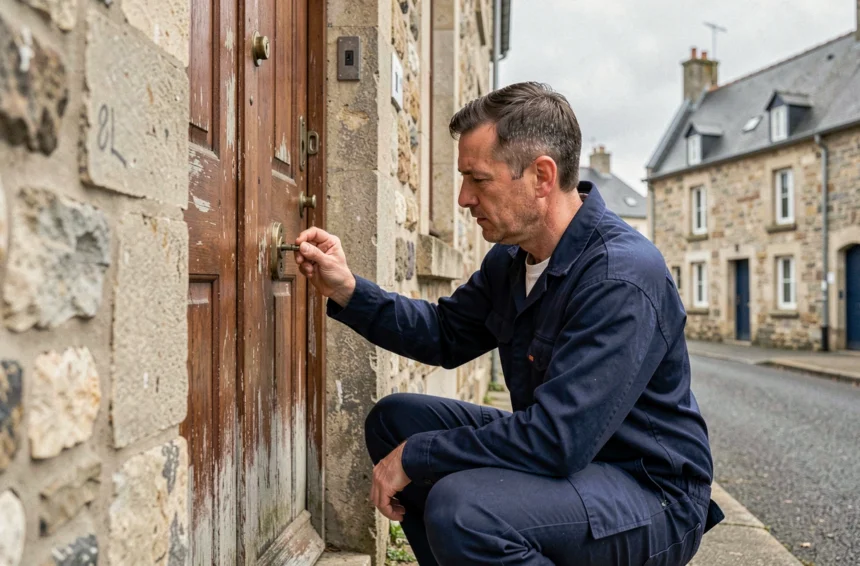 Serrurier professionnel en intervention devant une porte en bois dans une rue bretonne typique des Côtes-d'Armor