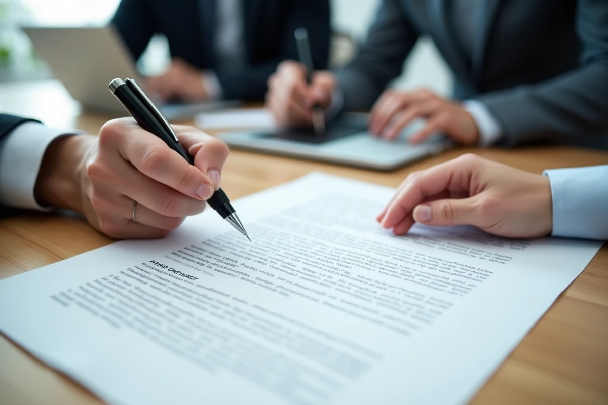 Gros plan sur la signature d'un contrat avec mise en évidence d'une clause d'information précontractuelle