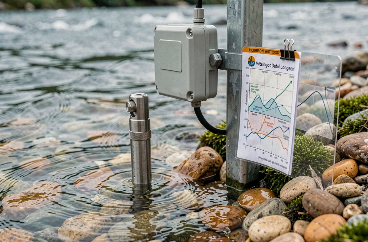 Station de mesure hydrologique avec sonde immergée et enregistreur de données au bord d'une rivière
