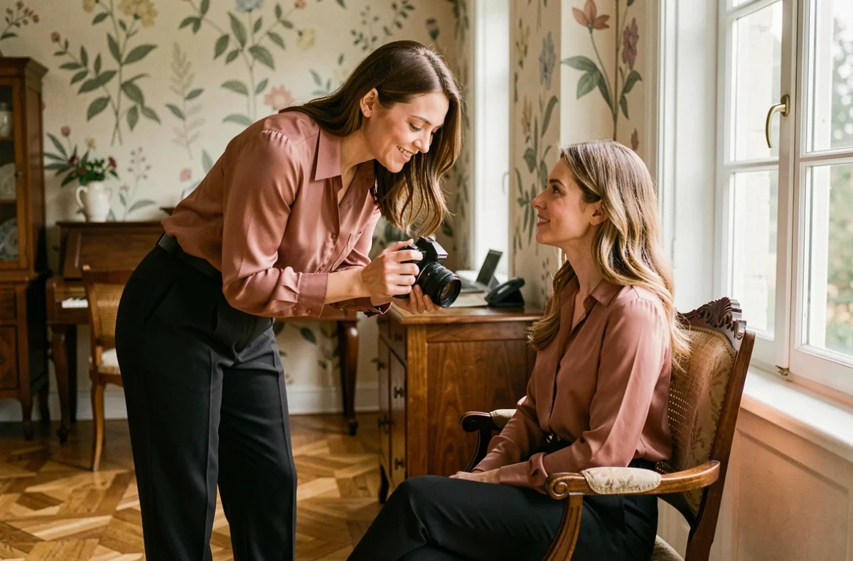 Svetlana Ostanina, photographe portrait en Lorraine, dirigeant une session dans son studio élégant