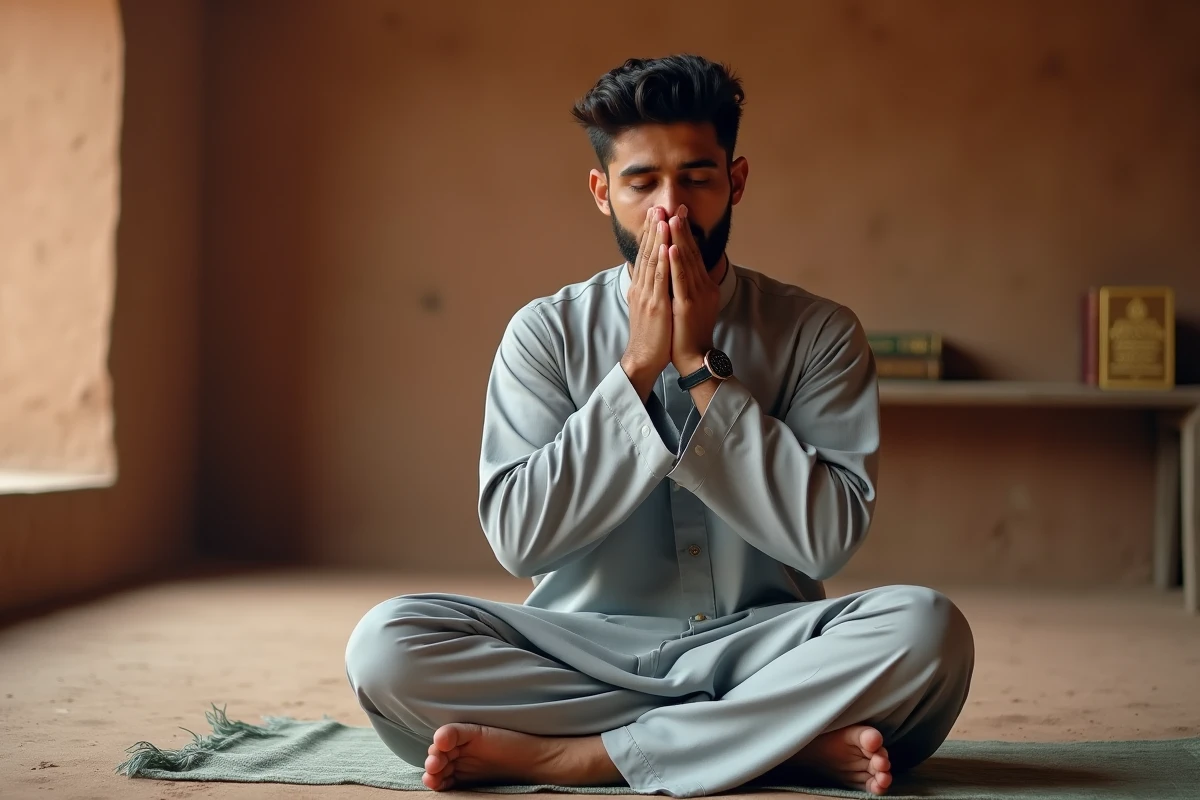 Homme en tenue traditionnelle effectuant le tayammum en intérieur, essuyant le visage avec les mains lors de la purification sèche islamique