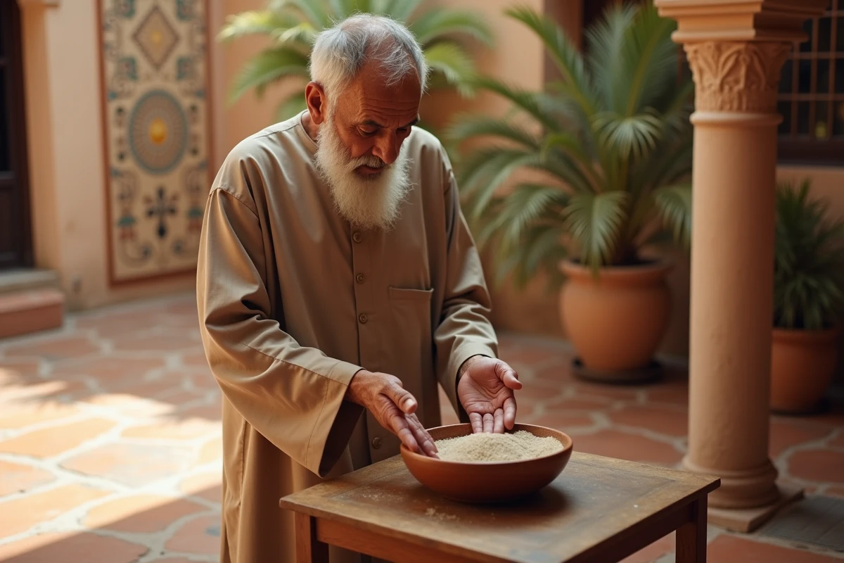 Homme âgé maghrébin préparant le tayammum avec du sable dans un bol en céramique dans une cour traditionnelle marocaine