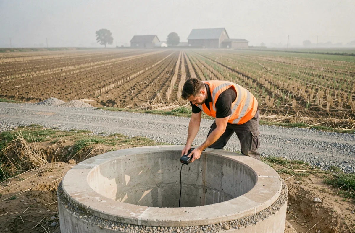 Technicien mesurant le niveau d'une nappe phréatique dans un puits de surveillance en zone agricole