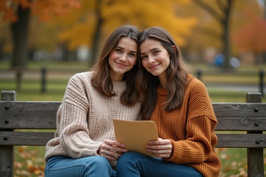 Deux amies partageent une lettre d'amitié sincère sur un banc de parc en automne, émues aux larmes
