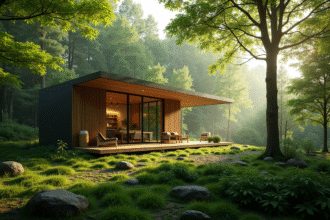 Petite maison en bois dans la forêt verte lumineuse