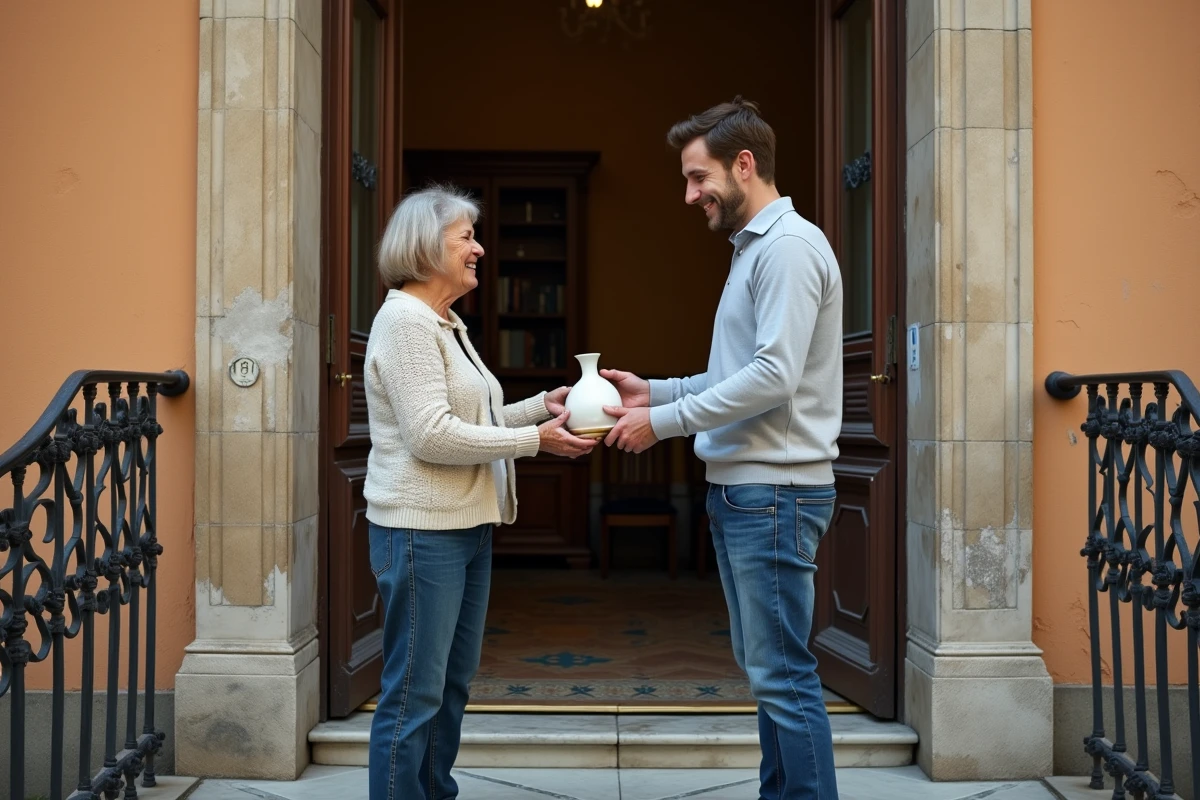 Transaction en espèces entre vendeur et acheteur pour une lampe d'occasion devant un immeuble italien