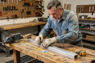 Bricoleur mesurant un tube aluminium rectangulaire sur mesure dans un atelier de garage équipé
