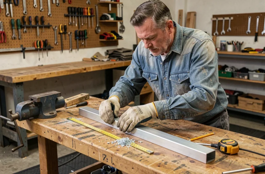 Bricoleur mesurant un tube aluminium rectangulaire sur mesure dans un atelier de garage équipé