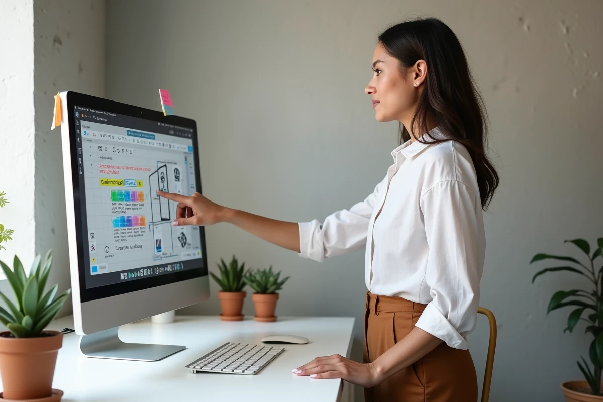 Femme montrant un tutoriel de pixel art débutant sur un écran d'ordinateur dans un bureau moderne