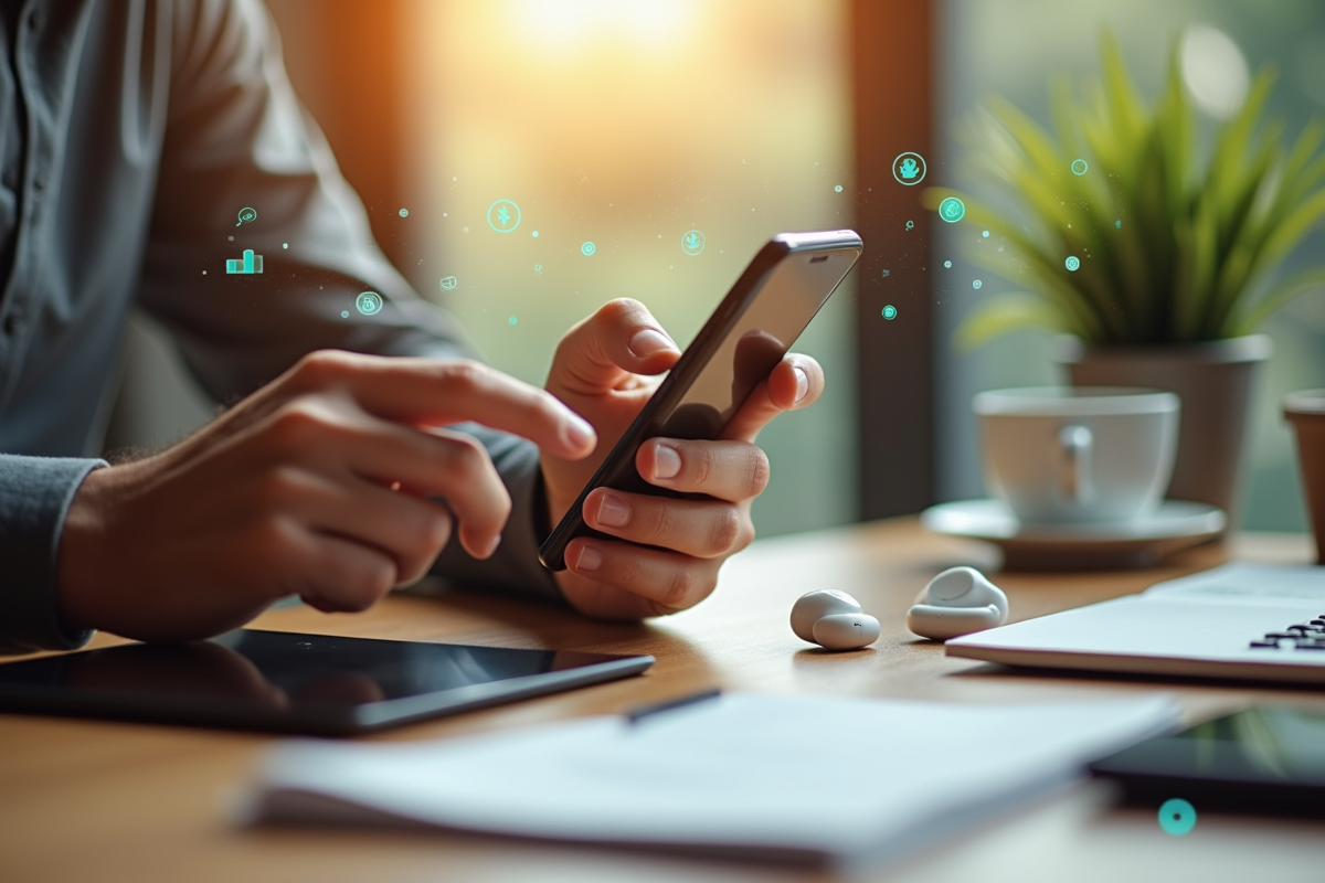 Mains utilisant un smartphone pour une application fintech sur un bureau ensoleille