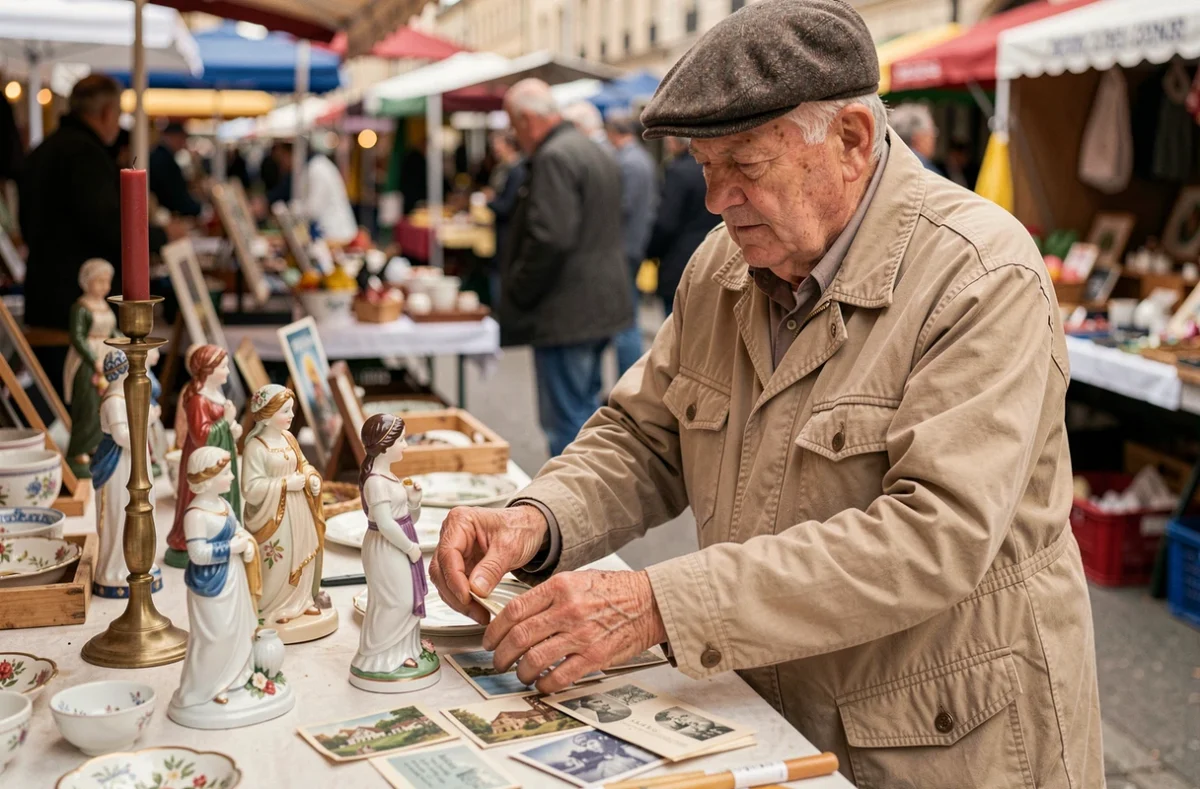 Vendeur âgé derrière son étal de vide grenier en Haute-Loire arrangeant des bibelots anciens et des figurines en porcelaine