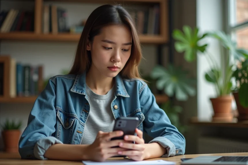 Jeune femme vérifiant un billet de concert sur son smartphone avant de le revendre en toute sécurité