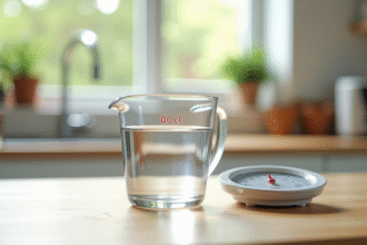 Verre mesureur rempli à 30 cl d'eau sur plan de travail lumineux