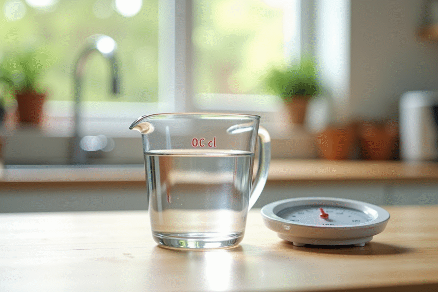 Verre mesureur rempli à 30 cl d'eau sur plan de travail lumineux