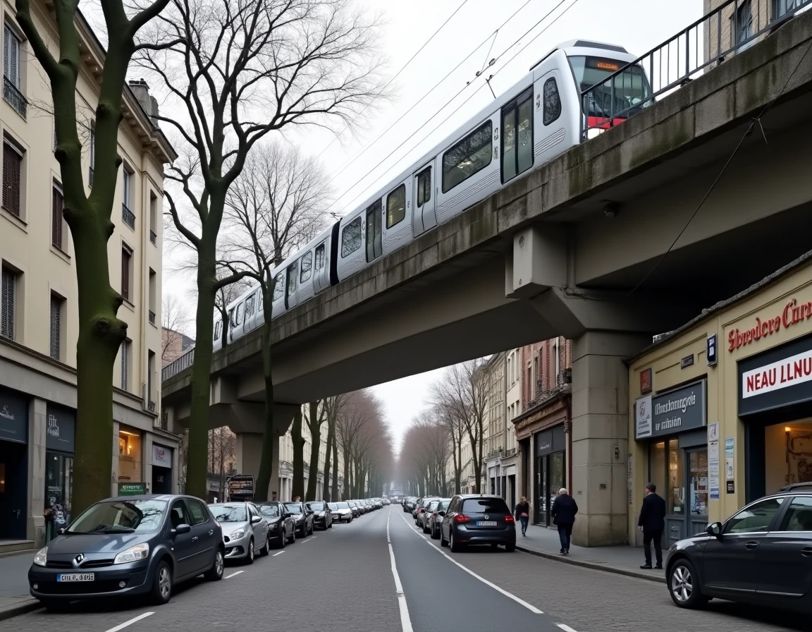 Train de la ligne 13 du métro parisien sur le viaduc aérien dans les faubourgs nord de Paris vers Saint-Denis