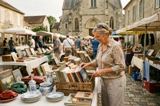 Vide grenier en plein air dans un village de Haute-Loire avec des tables couvertes d'objets vintage et une femme parcourant des disques vinyles