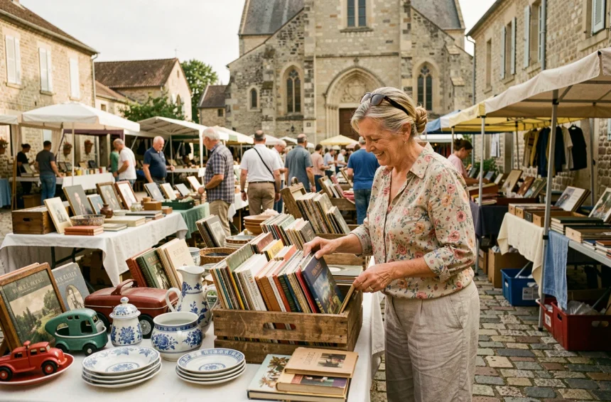 Vide grenier en plein air dans un village de Haute-Loire avec des tables couvertes d'objets vintage et une femme parcourant des disques vinyles
