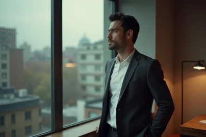 Homme pensif regardant par une fenêtre urbaine sous la pluie, ambiance introspective et vie privée