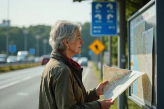 Femme française compare une carte routière à un panneau d'information