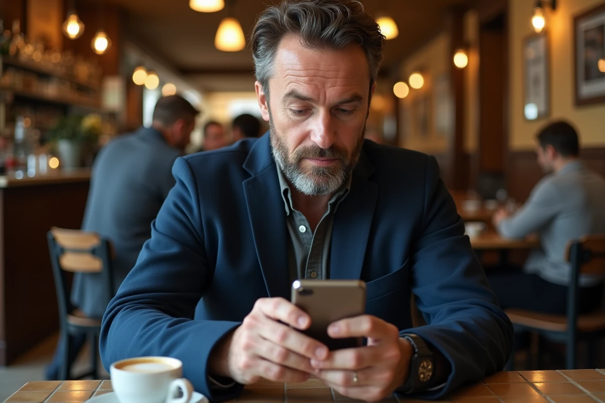 Homme dans un café en France utilisant une application VPN sur son smartphone pour contourner un blocage