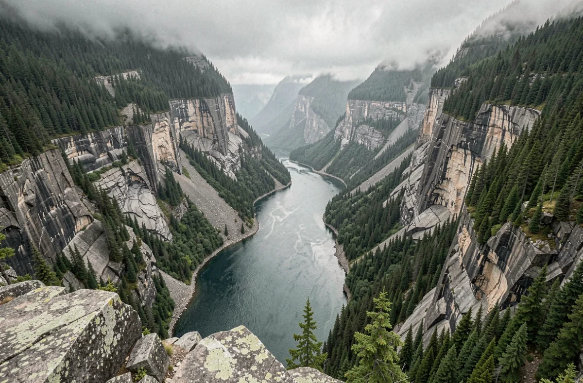 Vue aérienne dramatique de la baie Lituya en Alaska entourée de falaises boisées et de cicatrices géologiques visibles sur les versants montagneux
