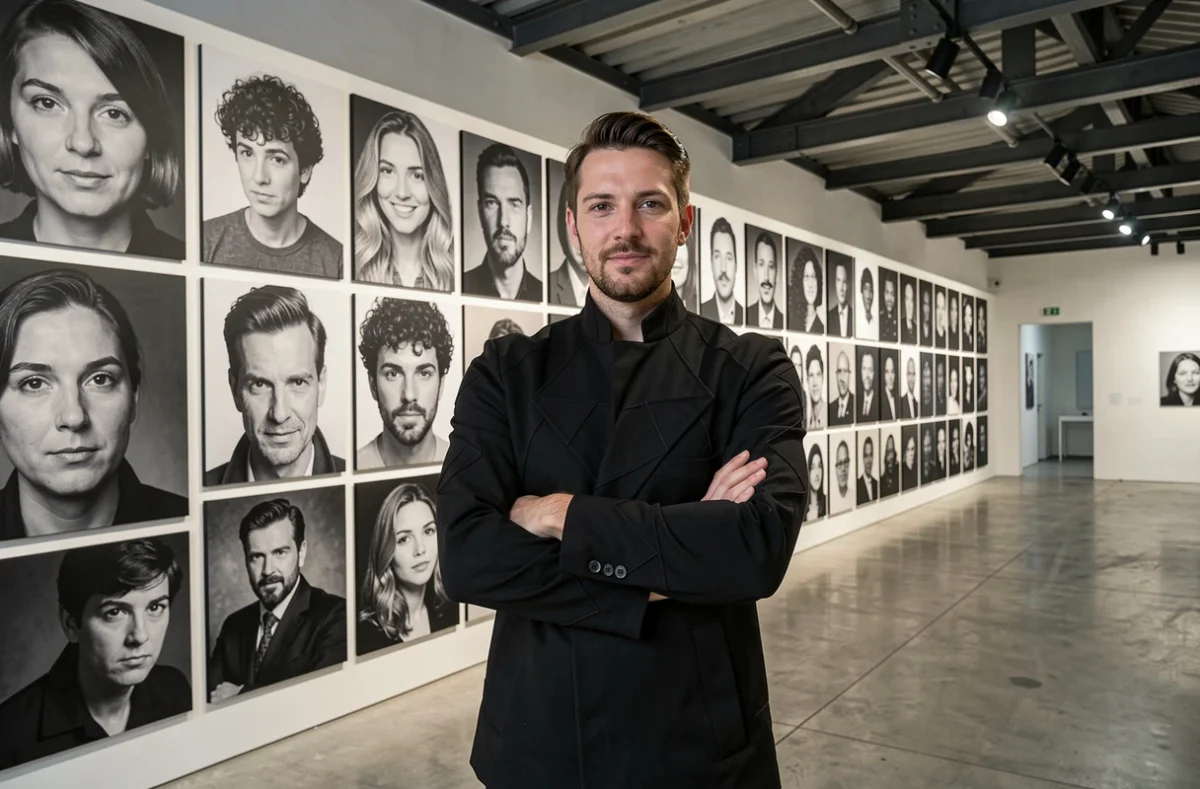 Wilfried Rion, photographe de l'Audacieuse-Galerie à Strasbourg, devant ses portraits grand format exposés