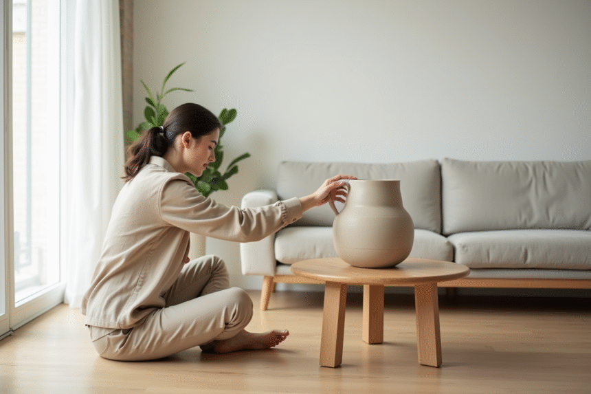 Jeune femme minimaliste dans un salon scandinave lumineux